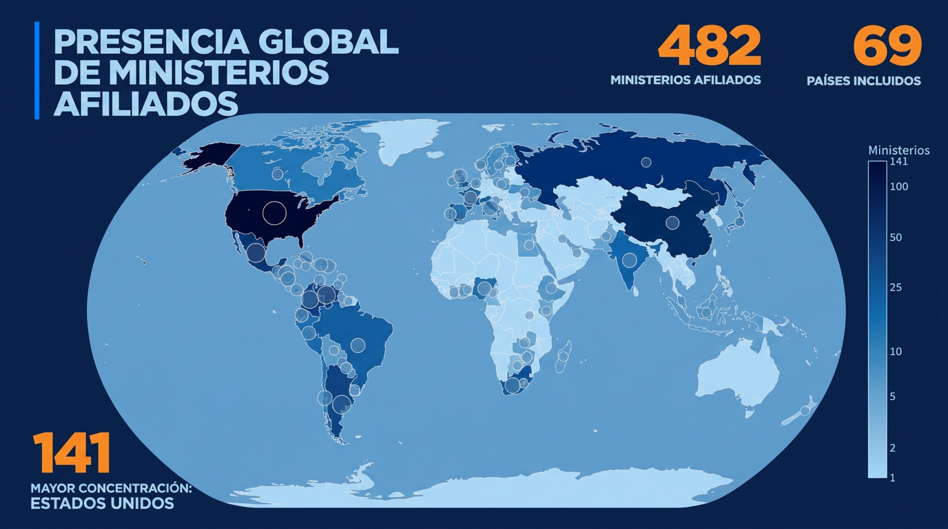 Presencia global de ministerios afiliados de SGN — 482 ministerios afiliados en 69 países, con mayor concentración en Estados Unidos (141)